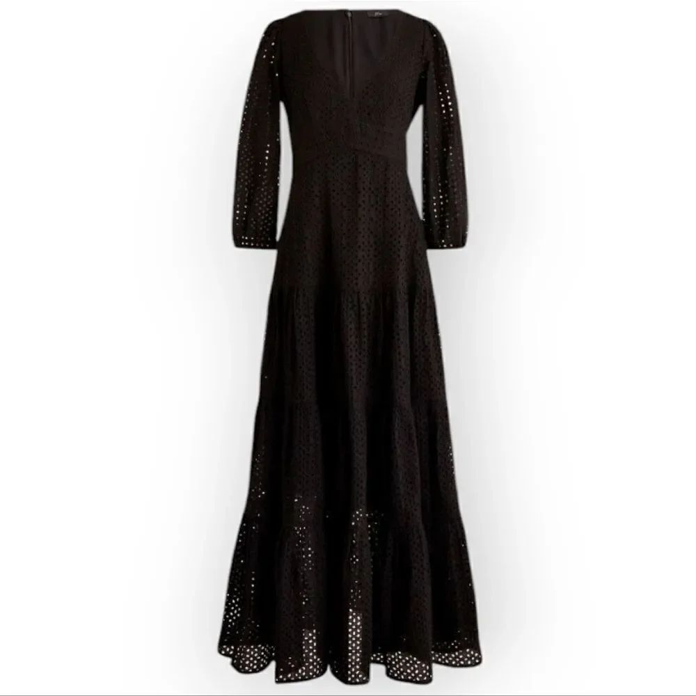 J. Crew Cotton Black Tiered maxi dress in mixed eyelet Size 10